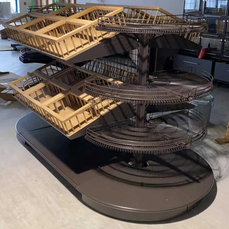 Freestanding Wooden Bakery Display Gondola With Side Round Metal Wire Baskets — view 3