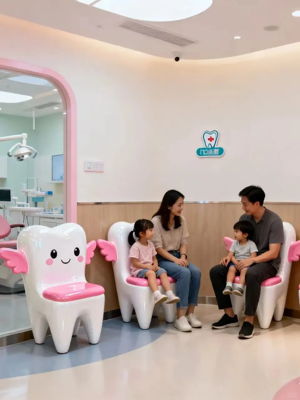 FRP Cartoon Angel Tooth Shaped Waiting Chair for Children Dental Clinic Interior Decor — view 3