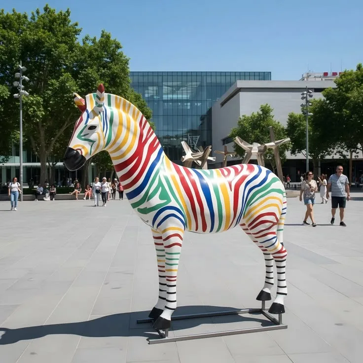 FRP Full Size Zebra Sculpture Marble & Rainbow Stripe for Villa Plaza Park Decor — view 2