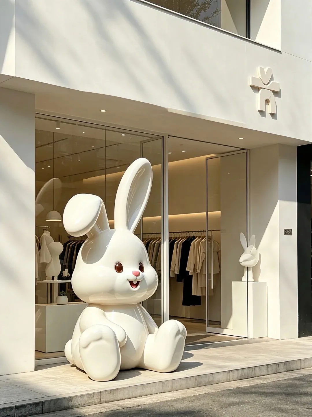 FRP Glossy White Cartoon Rabbit Sculpture for Cafe Bookstore Clothing Shop Decor — view 3