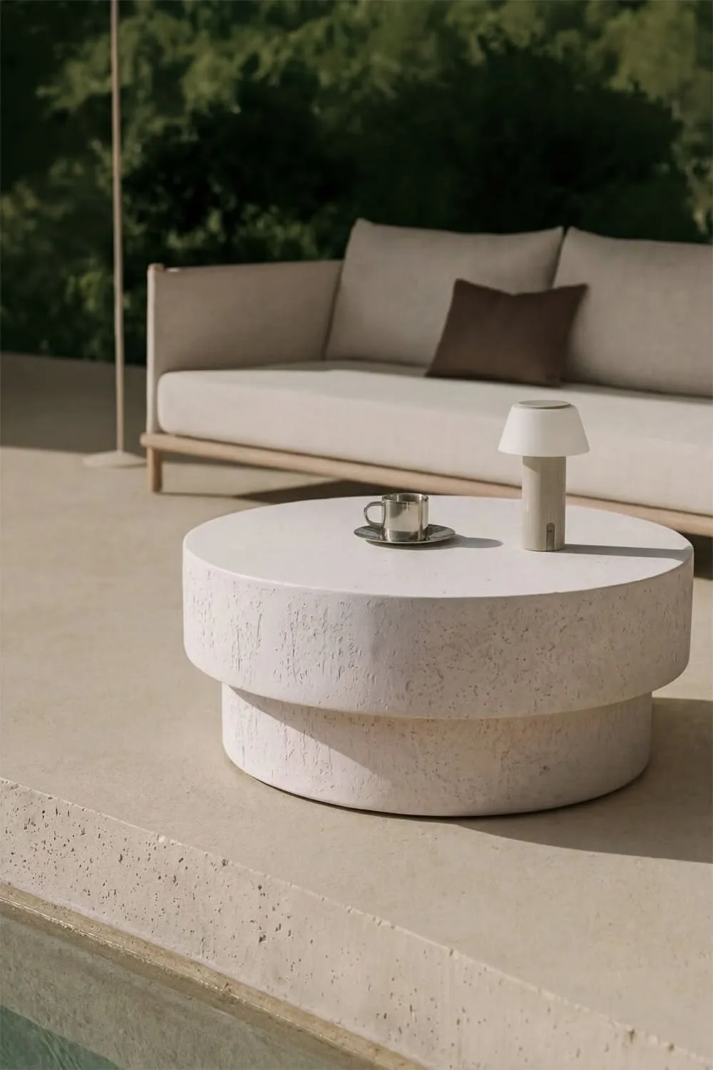 FRP Travertine Textured Round Coffee Table Sculpture for Villa Patio Lobby Decor — view 3