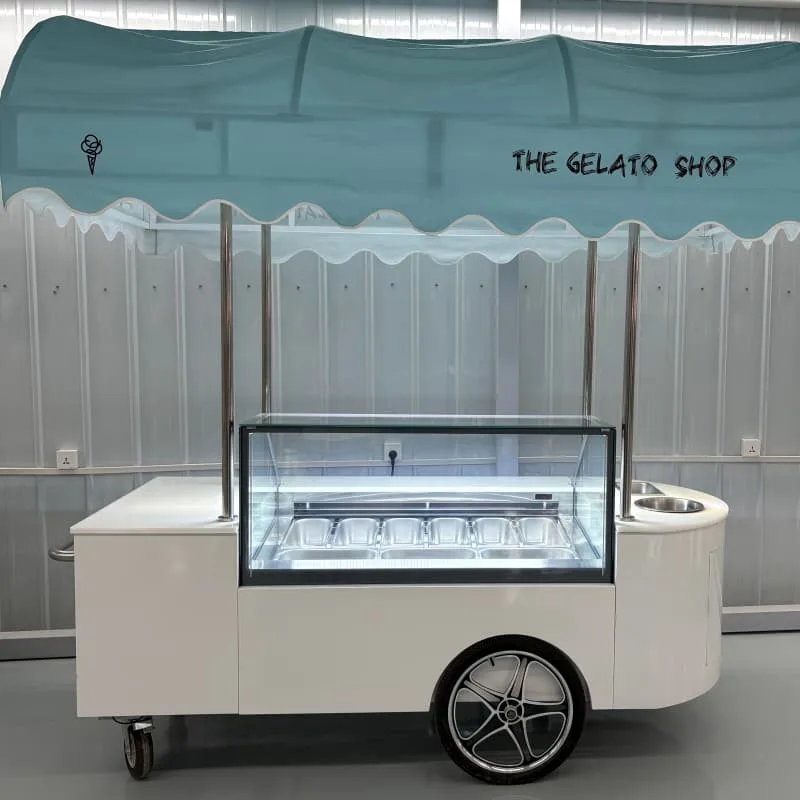 Gelato Mobile Ice Cream Cart With Light Blue Scalloped Canopy For Party Events — view 5