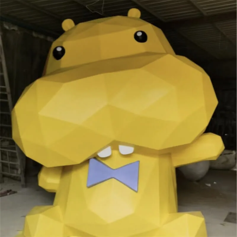 Geometric Faceted Cartoon Hippo Fiberglass Sculpture | Outdoor Plaza IP Decor Statue | Custom Kids-Friendly Hippo Ornament — view 3
