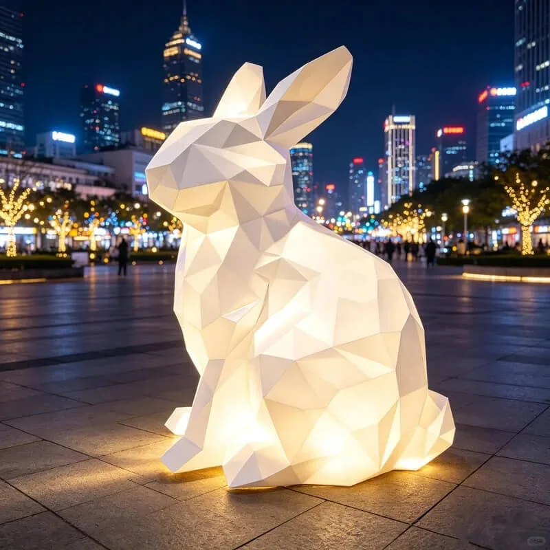 Geometric Rabbit FRP Sculpture | White Faceted Large Floor Ornament, Light-Up Outdoor Landscape for Mall Display — view 4