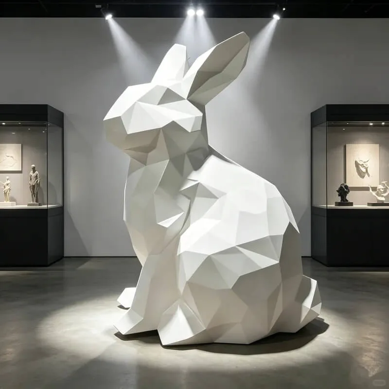 Geometric Rabbit FRP Sculpture | White Faceted Large Floor Ornament, Light-Up Outdoor Landscape for Mall Display — view 3
