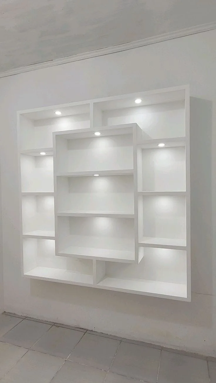 Geometric Wall Niche Display Unit With LED Spotlights For Retail Shop