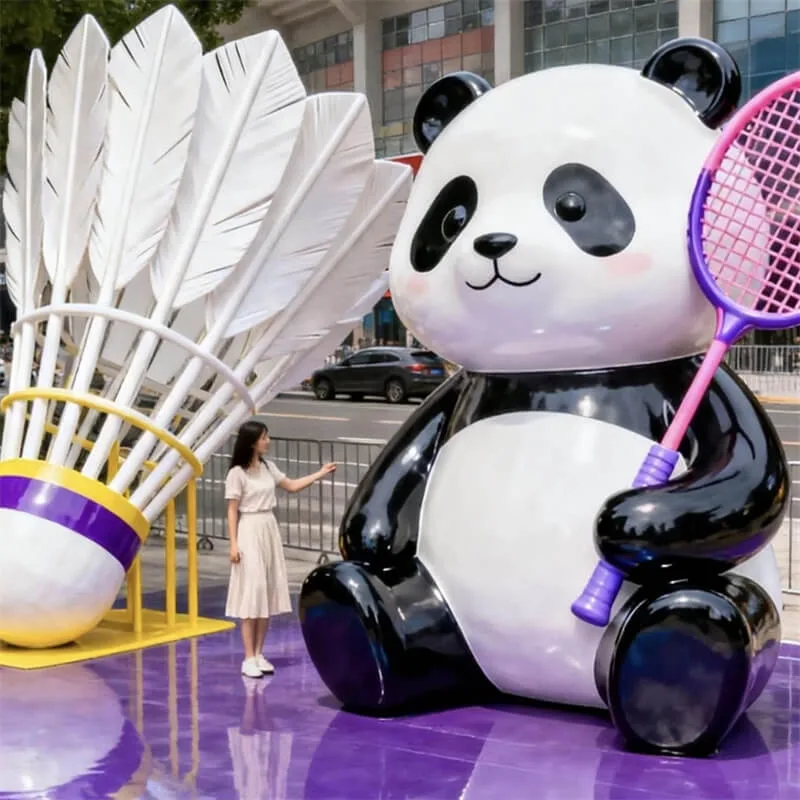 Giant Badminton Panda Sculpture | FRP Outdoor Sports Mascot for Stadium & Mall — view 3