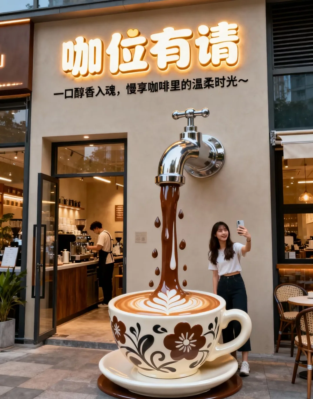 Giant Faucet Coffee Cup Sculpture | Whimsical 3D Art Installation for Café Storefronts (Copy) — view 3