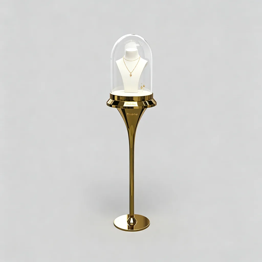 Glass Dome Jewelry Pedestal Showcase Gold Trumpet Stand Lockable Display