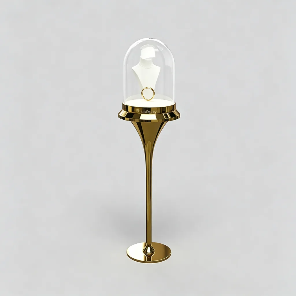 Glass Dome Jewelry Pedestal Showcase Gold Trumpet Stand Lockable Display — view 3