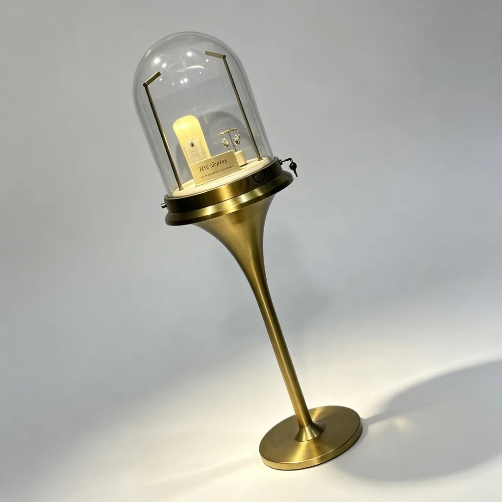 Glass Dome Jewelry Pedestal Showcase Gold Trumpet Stand Lockable Display — view 2