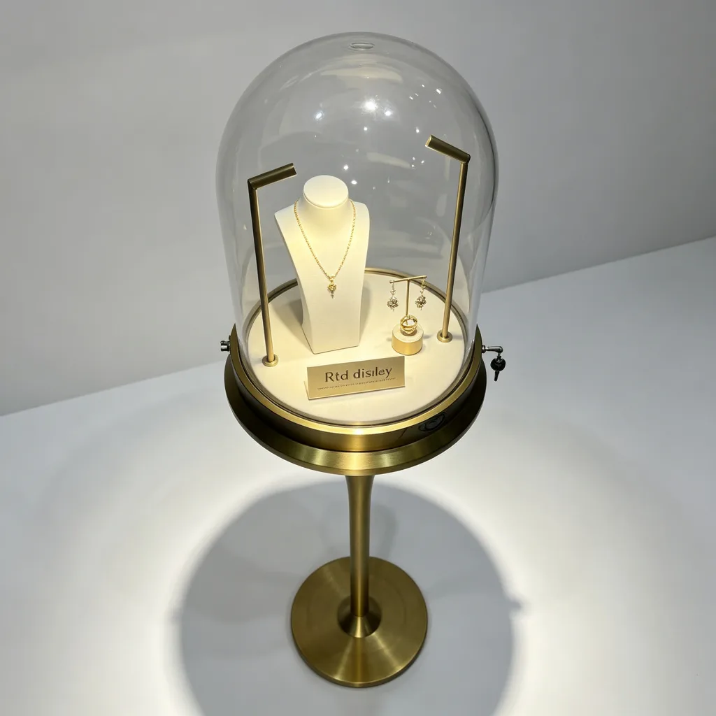 Glass Dome Jewelry Pedestal Showcase Gold Trumpet Stand Lockable Display — view 4