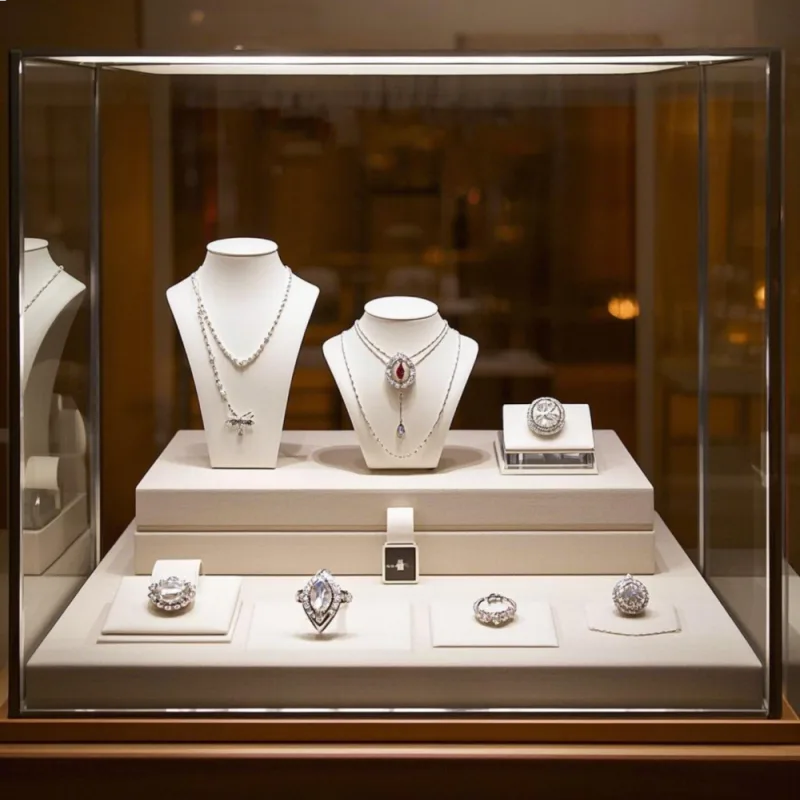 Glass jewelry case stainless steel pedestal display showcase for sale — view 3
