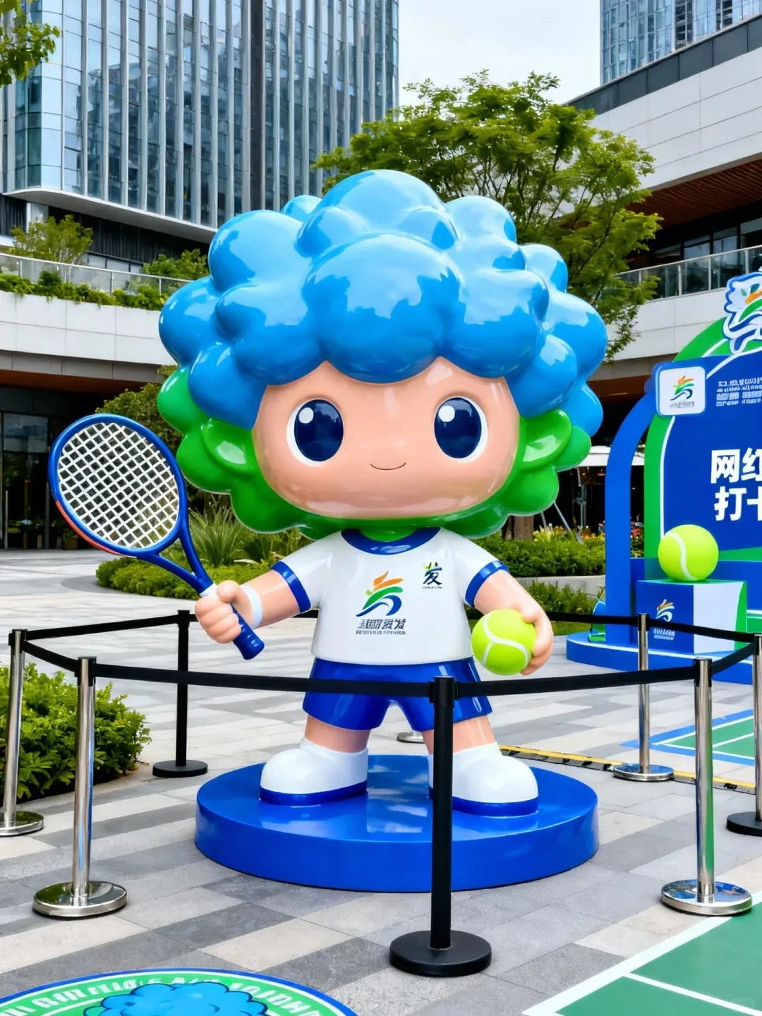 Glossy FRP Tennis Sport Mascot Cartoon Sculpture for Commercial Plaza Event Decor