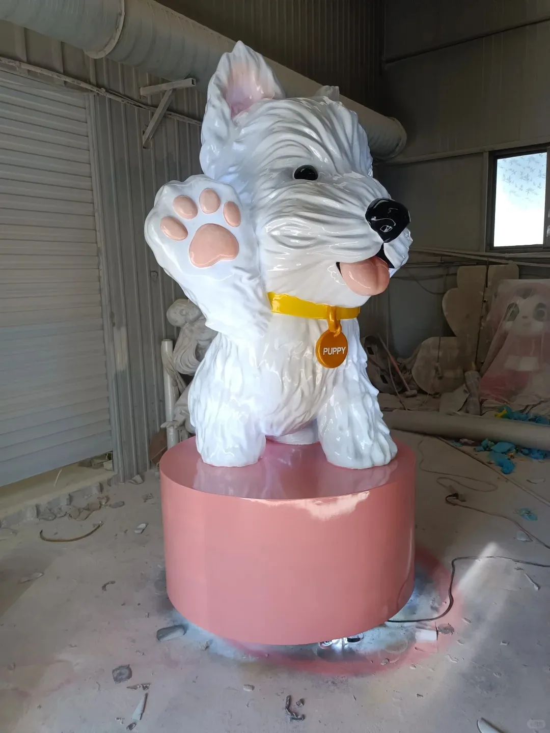 Glossy West Highland White Terrier FRP Statue with Pink Lighted Base for Shop Display — view 2