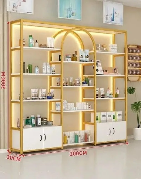 Gold Arch Metal Cosmetic Display Shelf With LED for Beauty Shop