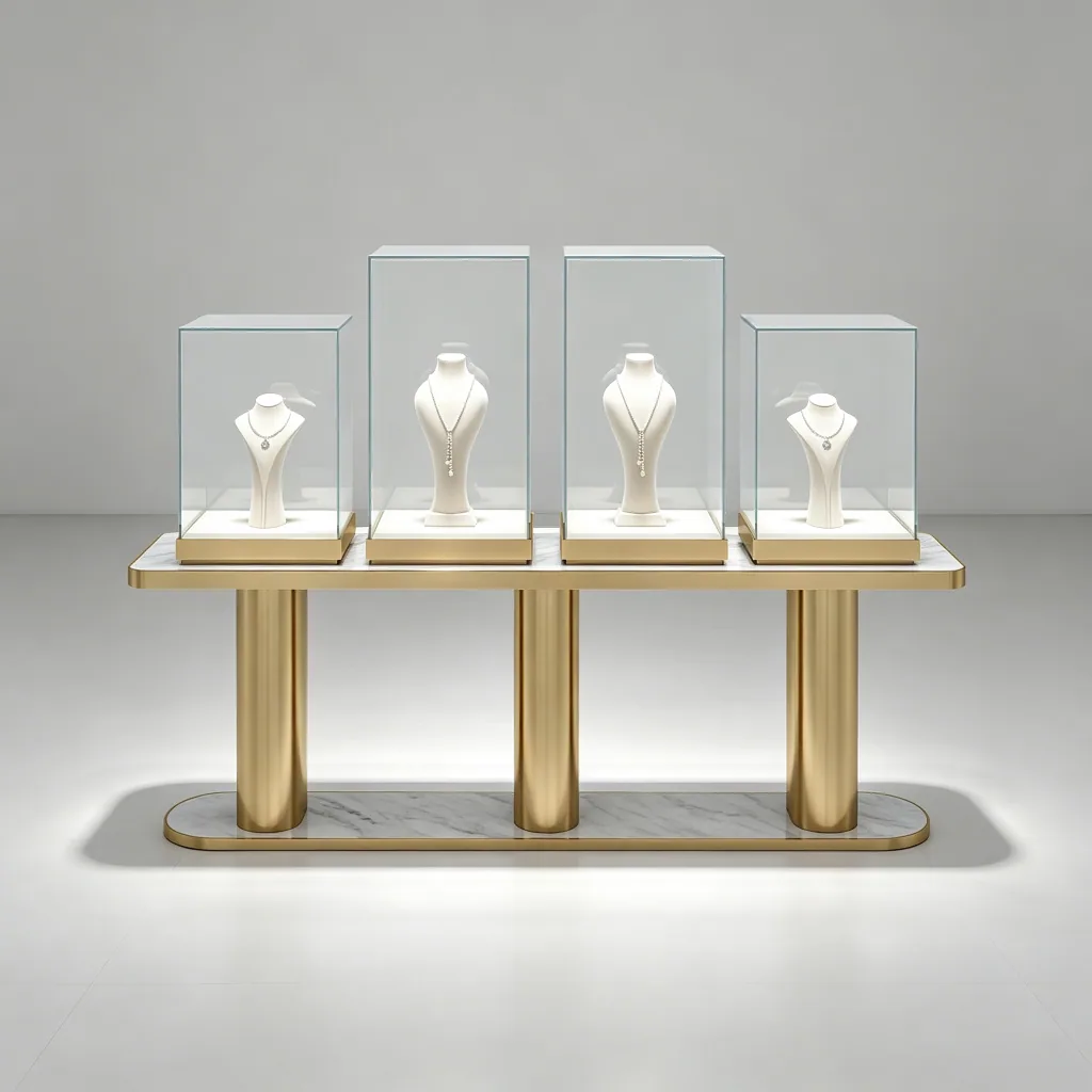 Gold column jewelry display console with four glass necklace cases on a white top, front view