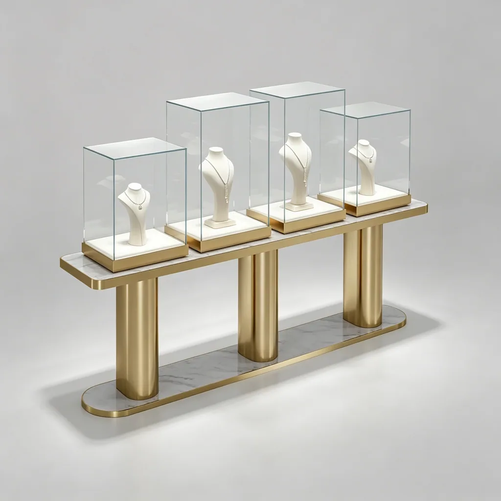Angled view of a gold jewelry display console with four glass covers and necklace busts