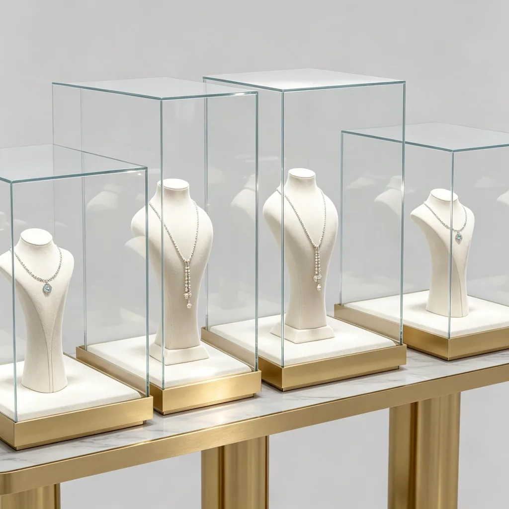 Close-up of necklace busts inside four glass covers on a gold jewelry display console