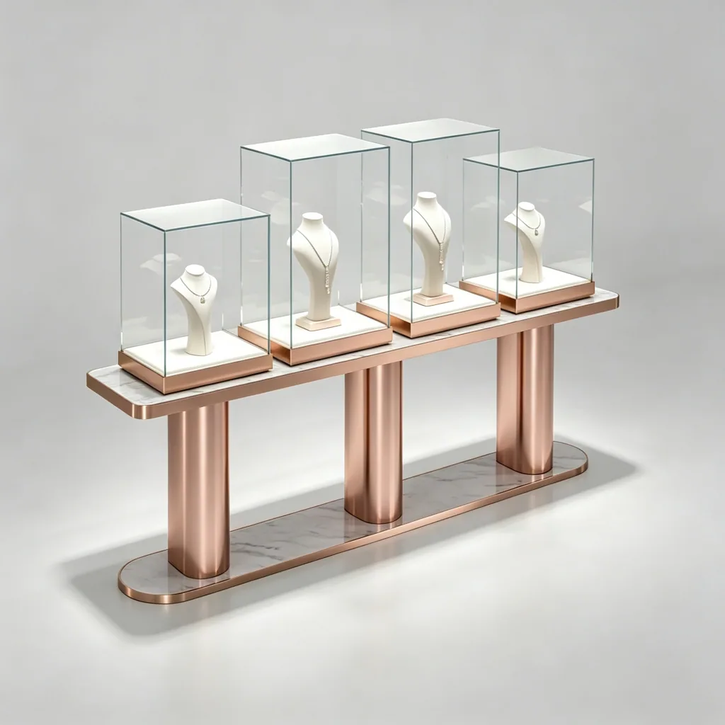 Rose gold finish jewelry display console with four glass necklace cases, angled view