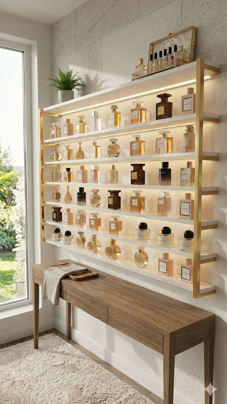 Gold Frame Floating LED Wall Mounted Perfume Display Shelf Set