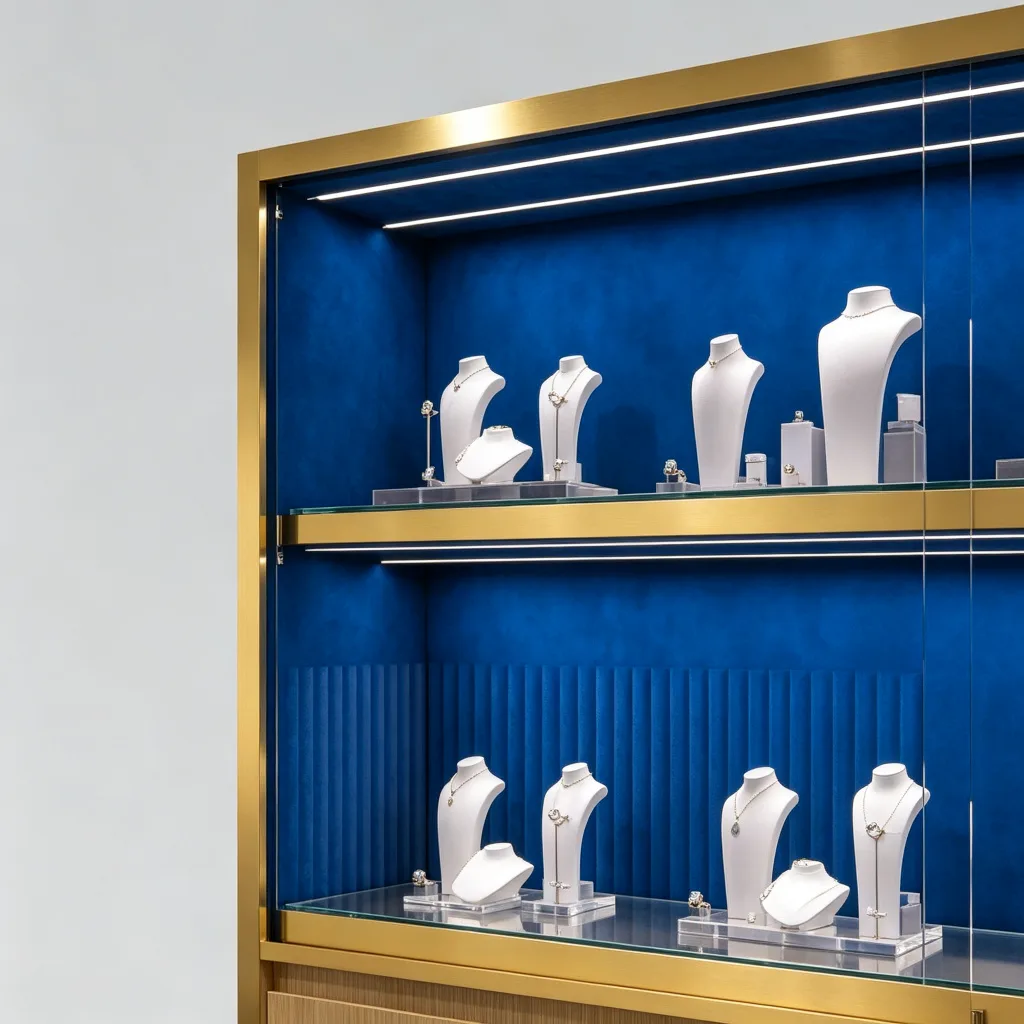 Gold Frame Tall Jewelry Vitrine Cabinet Three Glass Shelves Blue Velvet Oak Base — view 4