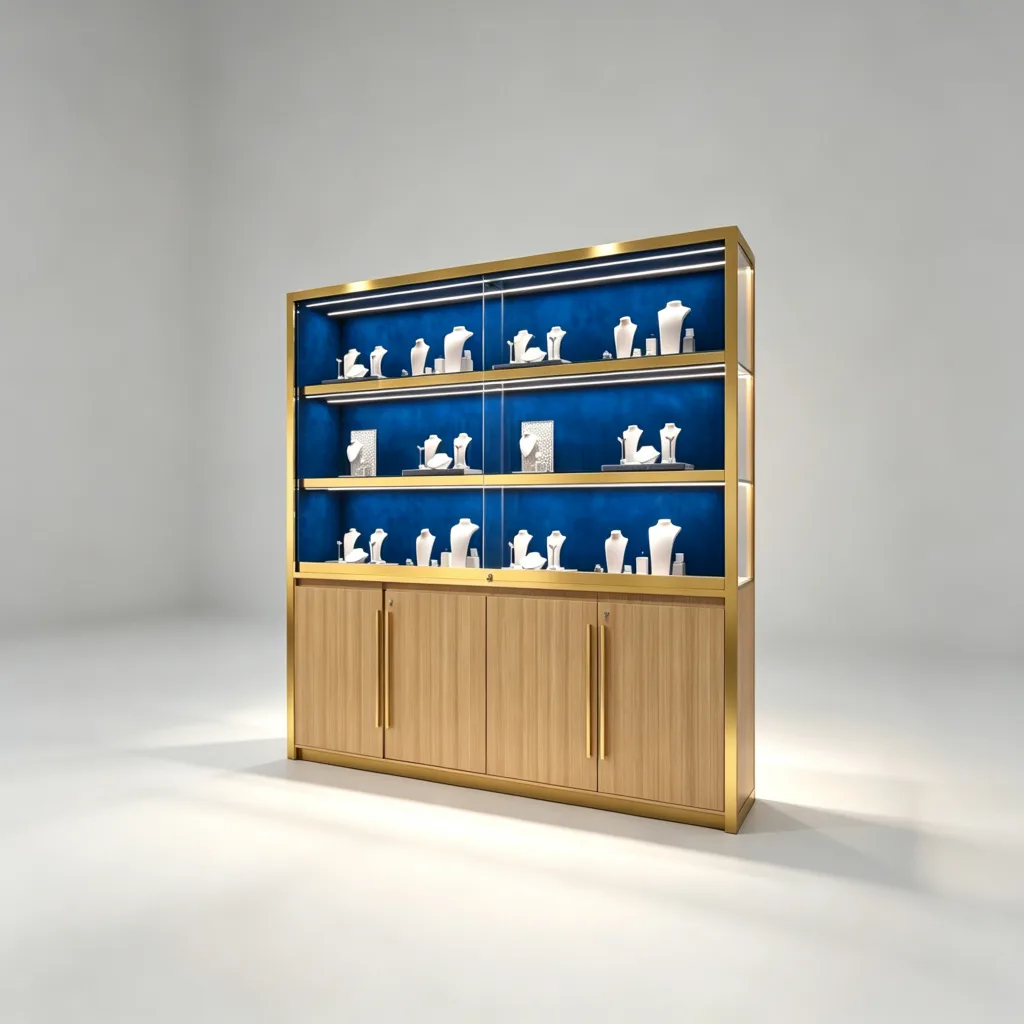 Gold Frame Tall Jewelry Vitrine Cabinet Three Glass Shelves Blue Velvet Oak Base