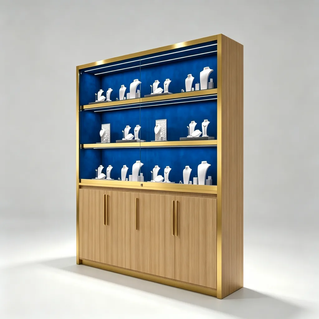 Gold Frame Tall Jewelry Vitrine Cabinet Three Glass Shelves Blue Velvet Oak Base — view 2