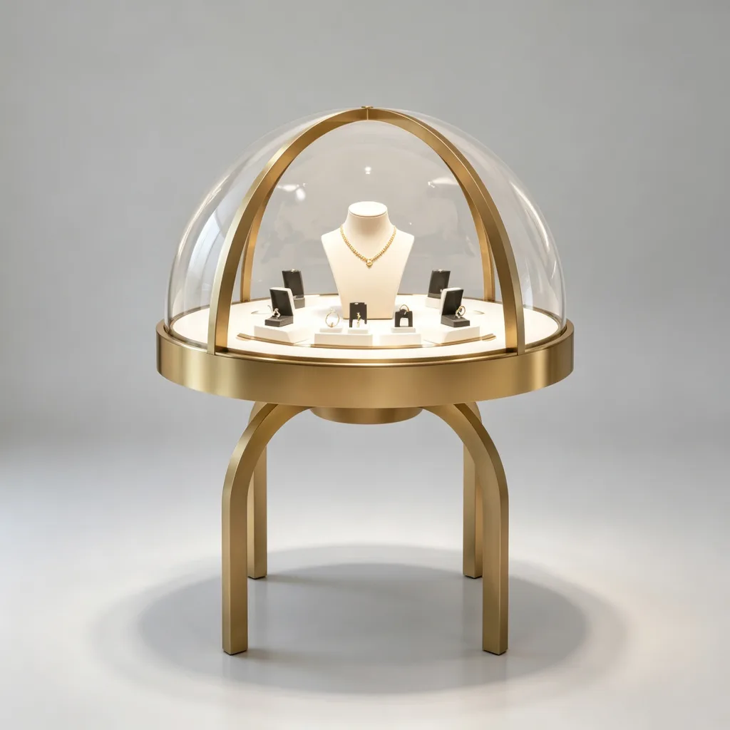 Gold Hemispherical Glass Dome Round Jewelry Display Table Arch Legs