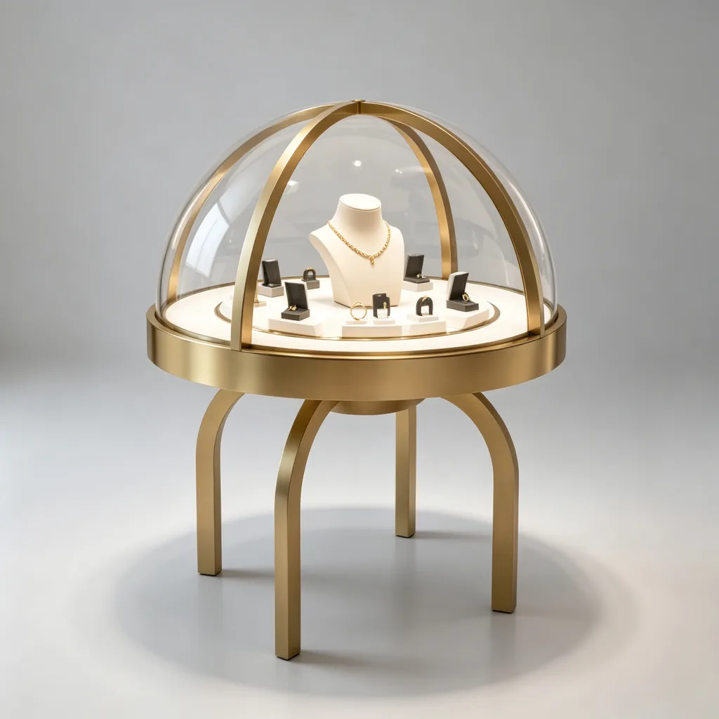 Gold Hemispherical Glass Dome Round Jewelry Display Table Arch Legs — view 2