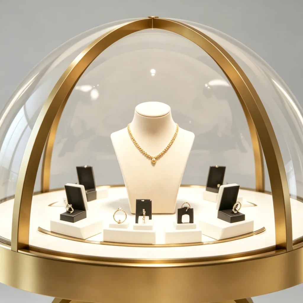 Gold Hemispherical Glass Dome Round Jewelry Display Table Arch Legs — view 3