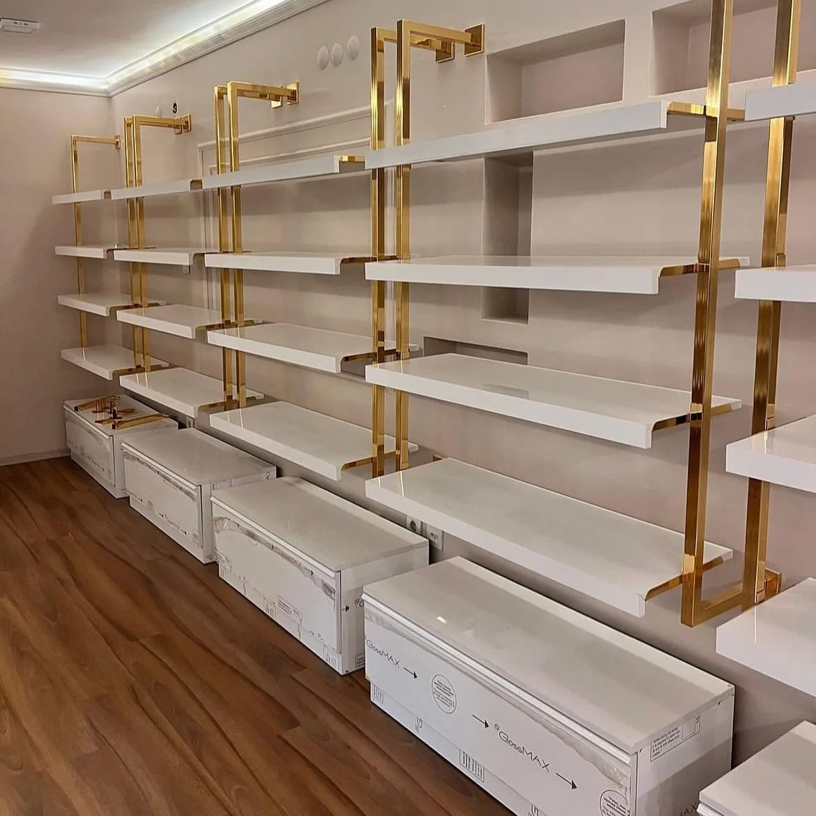 Gold Metal Wall Mount Retail Display Shelving Set
