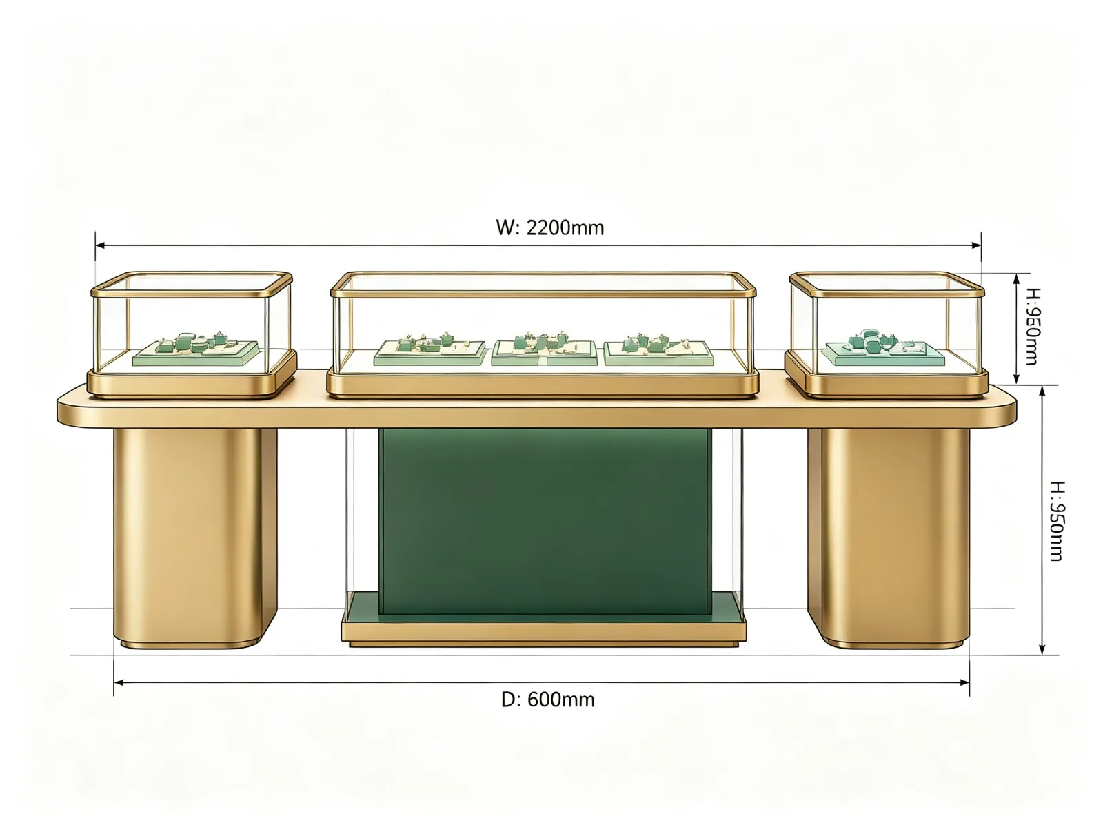 Gold Multi-Unit Jewelry Display Counter with LED Lighting Green Panel — product detail 1
