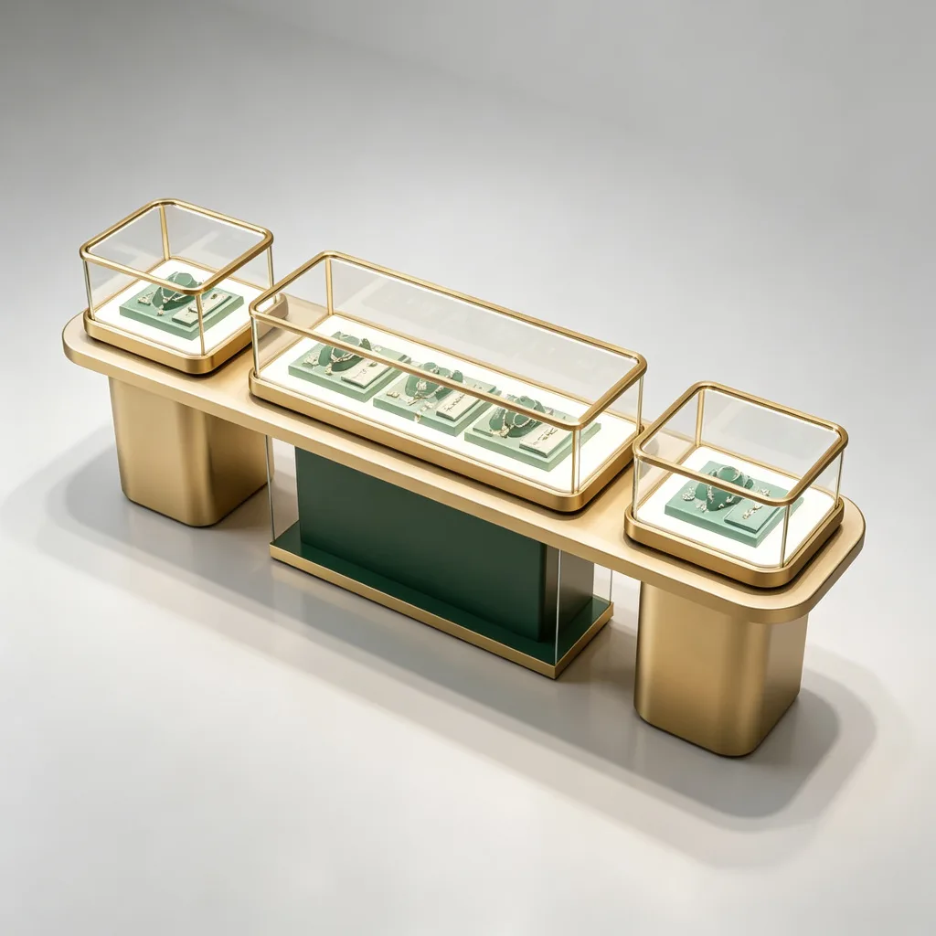Gold Multi-Unit Jewelry Display Counter with LED Lighting Green Panel — view 4