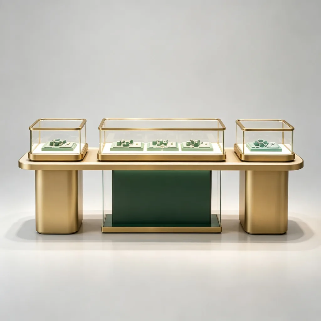 Gold Multi-Unit Jewelry Display Counter with LED Lighting Green Panel