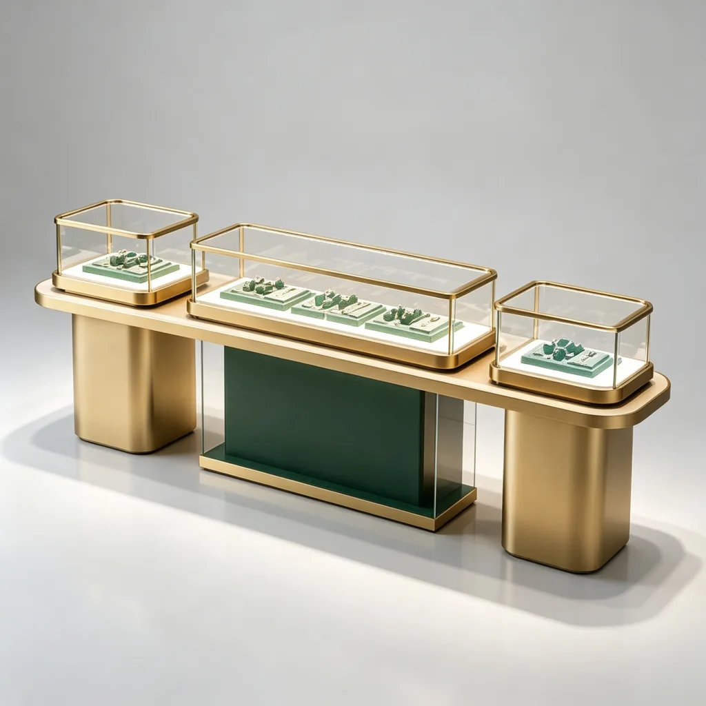 Gold Multi-Unit Jewelry Display Counter with LED Lighting Green Panel — view 2