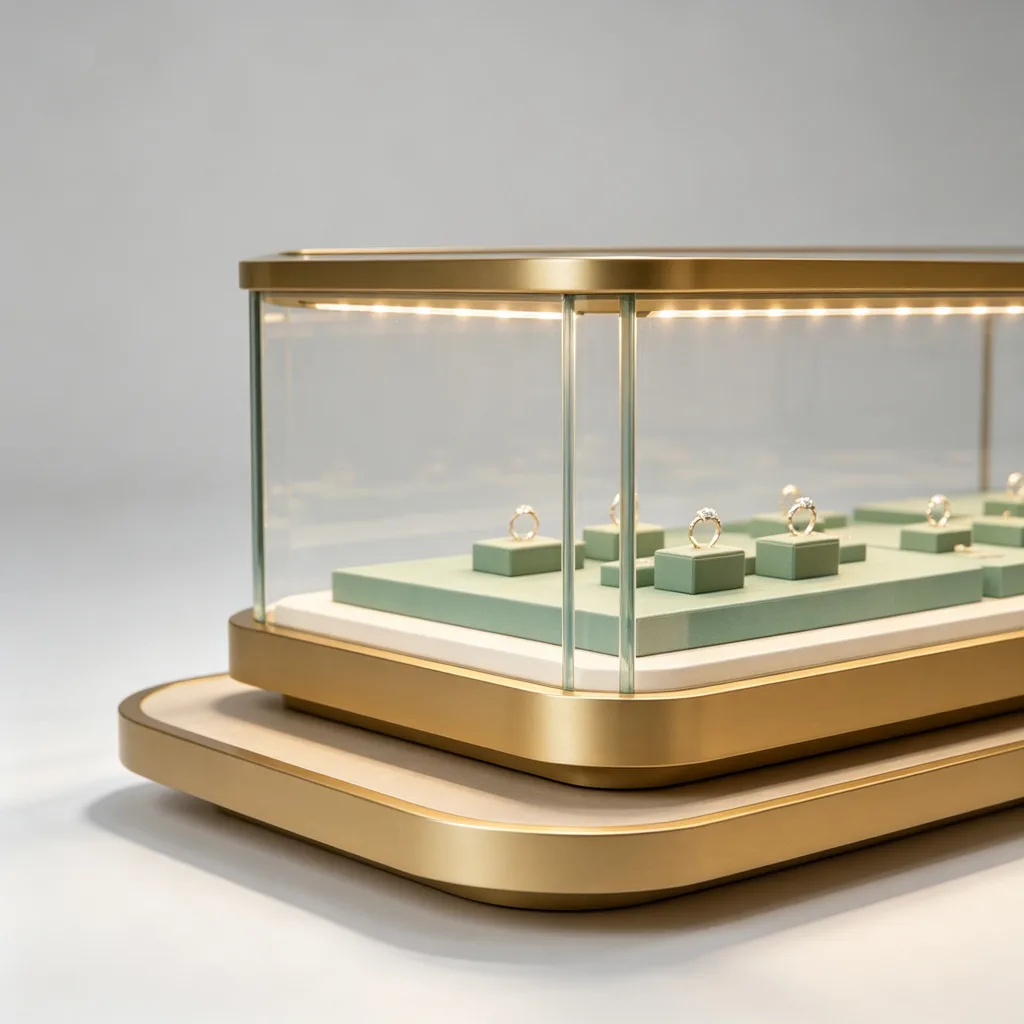 Gold Multi-Unit Jewelry Display Counter with LED Lighting Green Panel — view 3