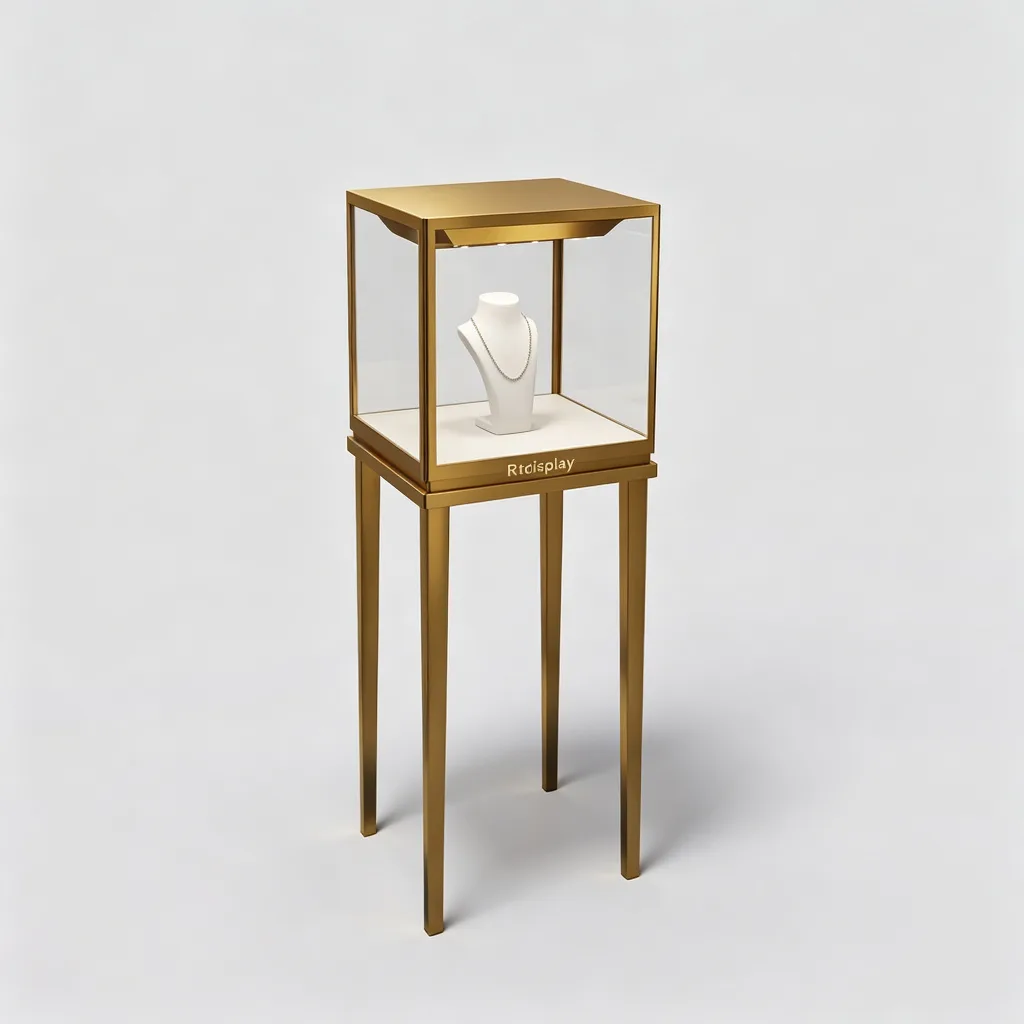 Gold Pedestal Jewelry Display Case Tall Legs Anti-Reflective Glass LED — view 4