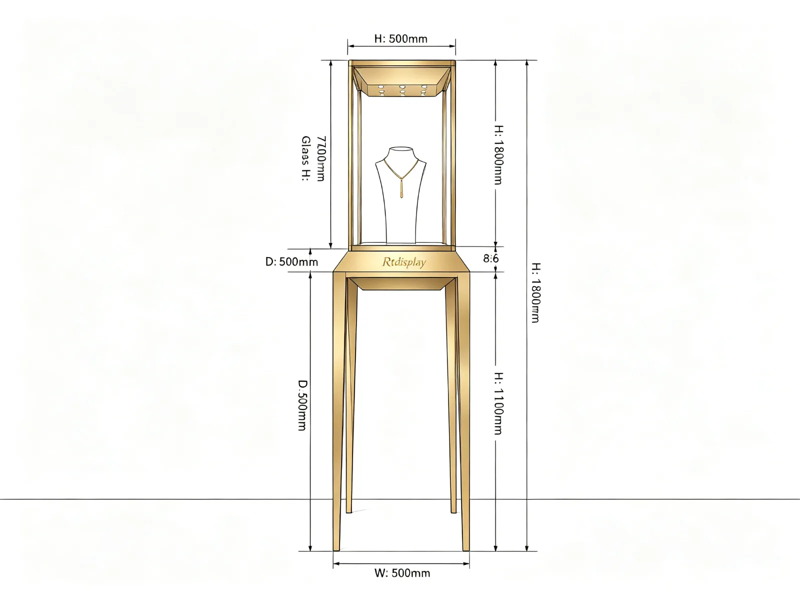 Gold Pedestal Jewelry Display Case Tall Legs Anti-Reflective Glass LED — product detail 1