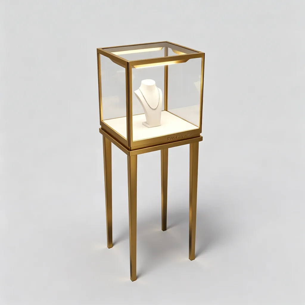 Gold Pedestal Jewelry Display Case Tall Legs Anti-Reflective Glass LED — view 2