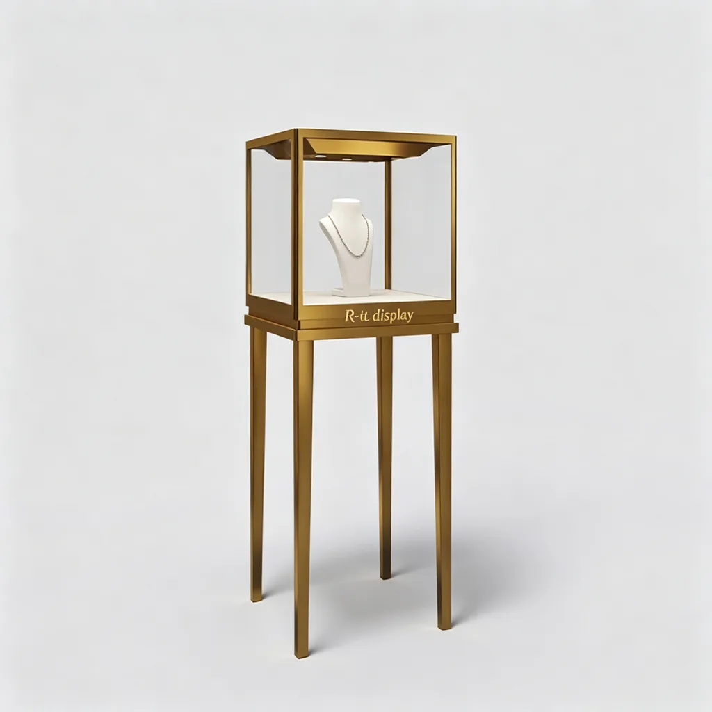 Gold Pedestal Jewelry Display Case Tall Legs Anti-Reflective Glass LED