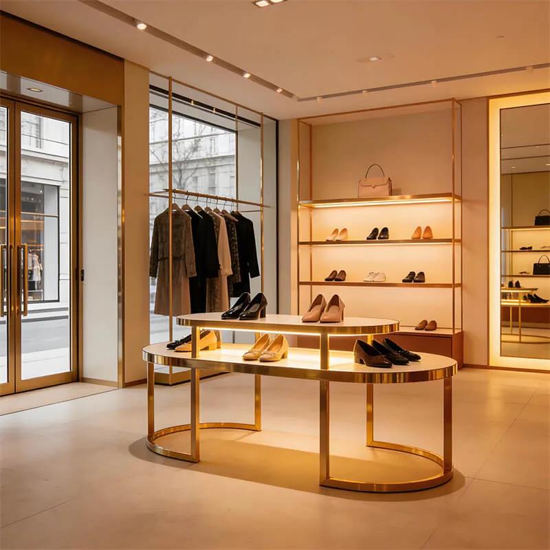 Gold-Plated Stainless Steel Double-Layer Shoe Display Table | For Luxury Clothing & Shoe Stores