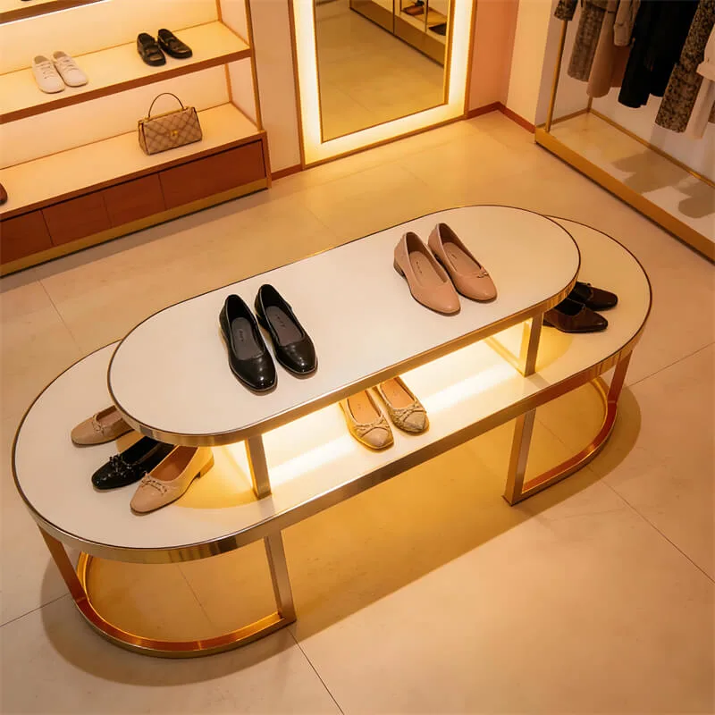 Gold-Plated Stainless Steel Double-Layer Shoe Display Table | For Luxury Clothing & Shoe Stores — view 3