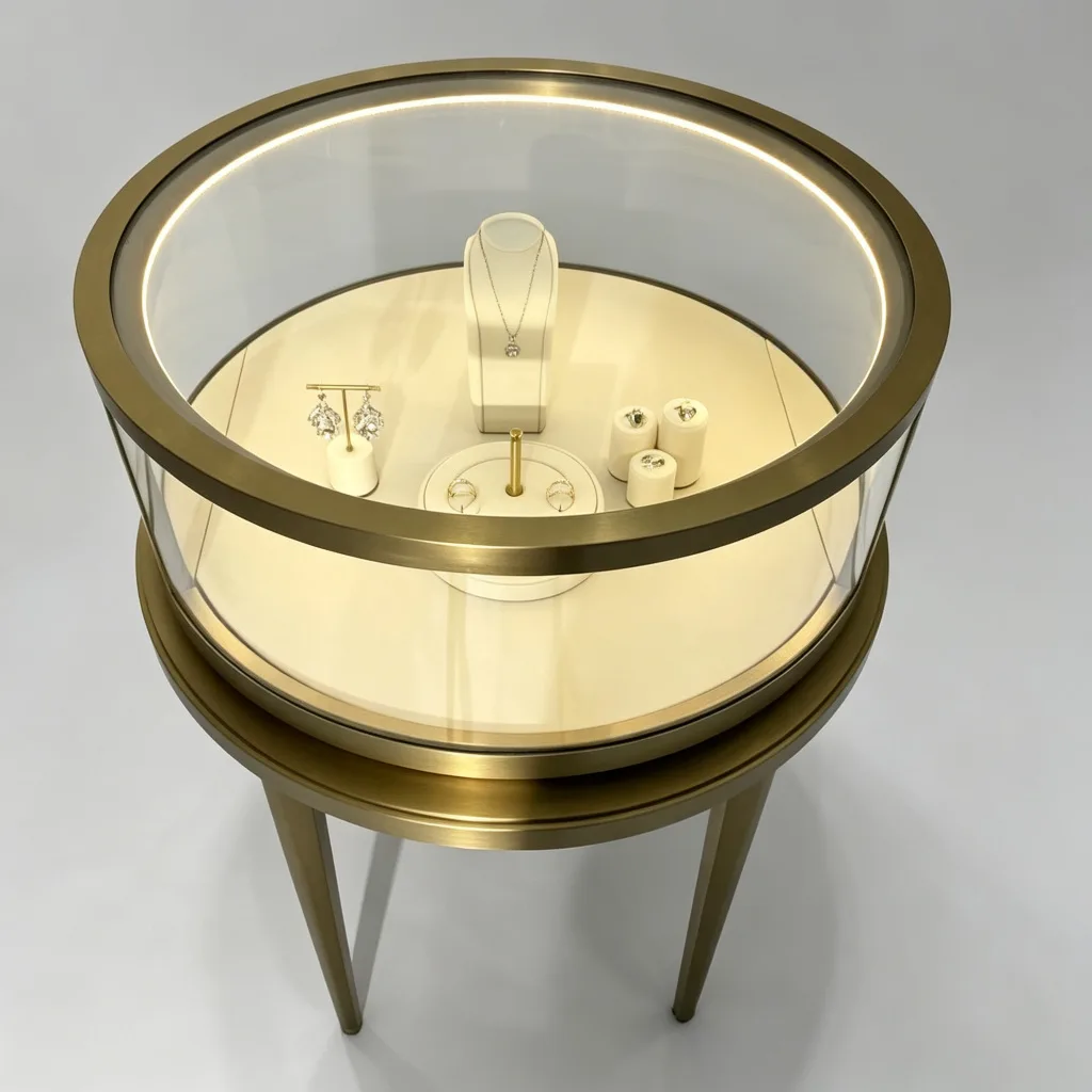 Gold Round Cylindrical Glass Jewelry Display Table Curved Door LED — view 2
