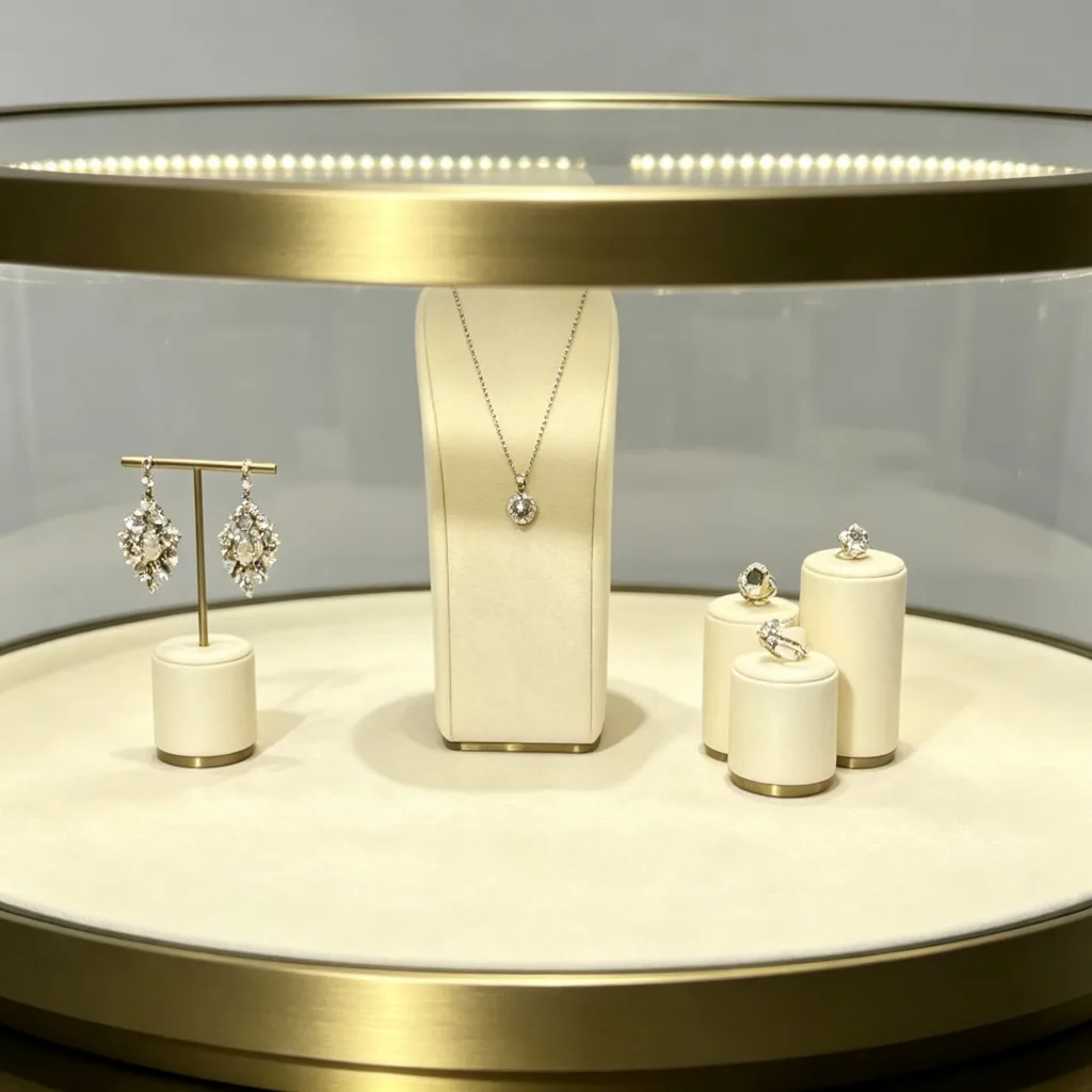 Gold Round Cylindrical Glass Jewelry Display Table Curved Door LED — view 3