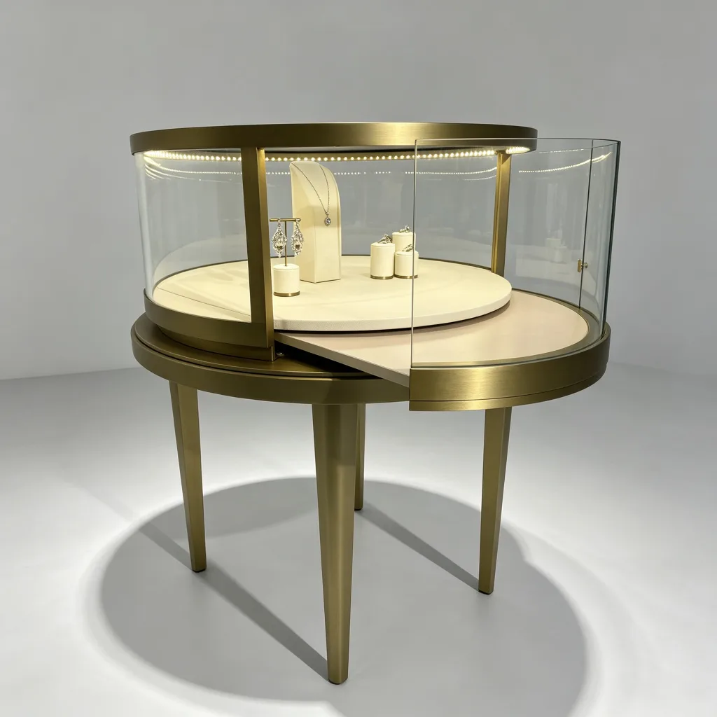 Gold Round Cylindrical Glass Jewelry Display Table Curved Door LED — view 4