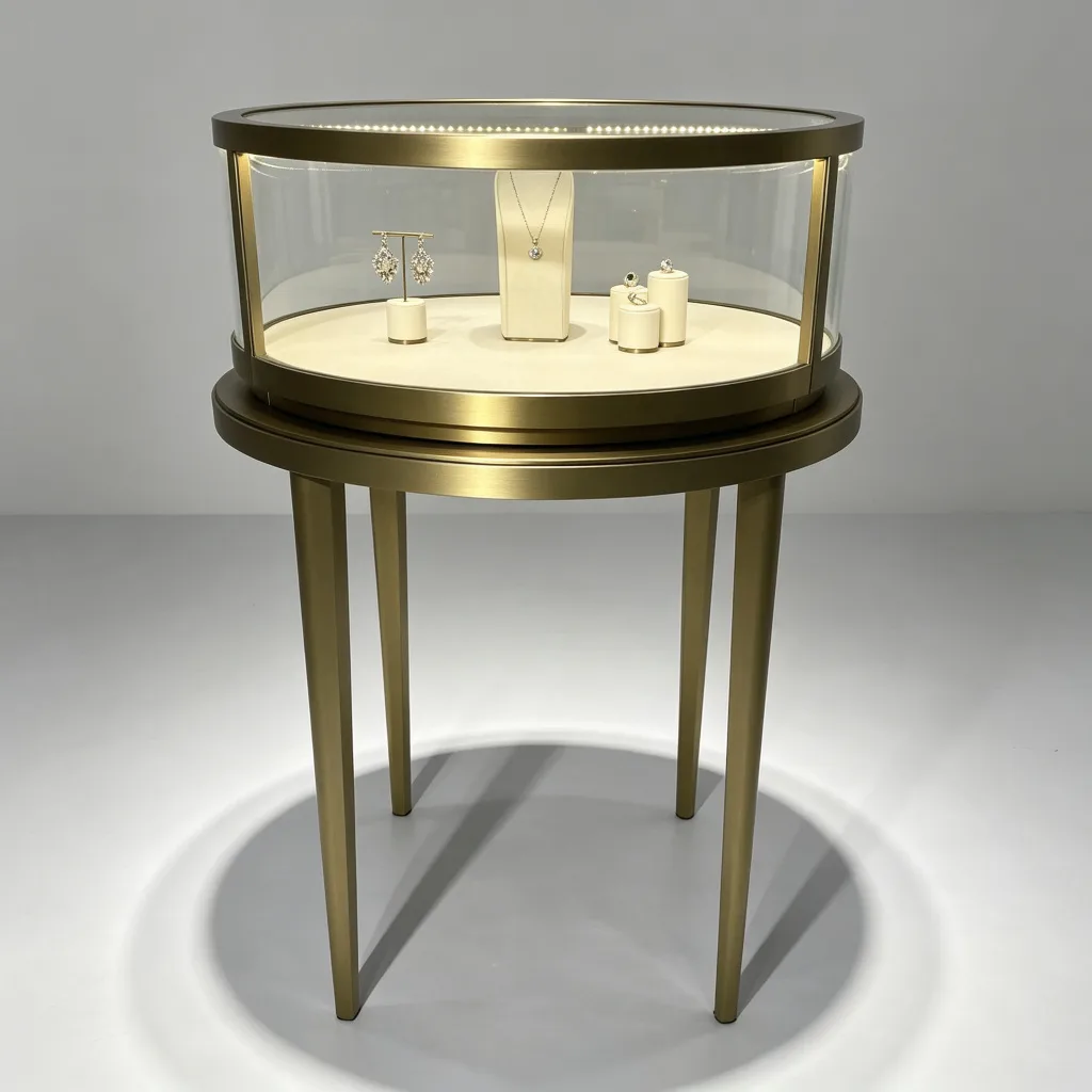 Gold Round Cylindrical Glass Jewelry Display Table Curved Door LED