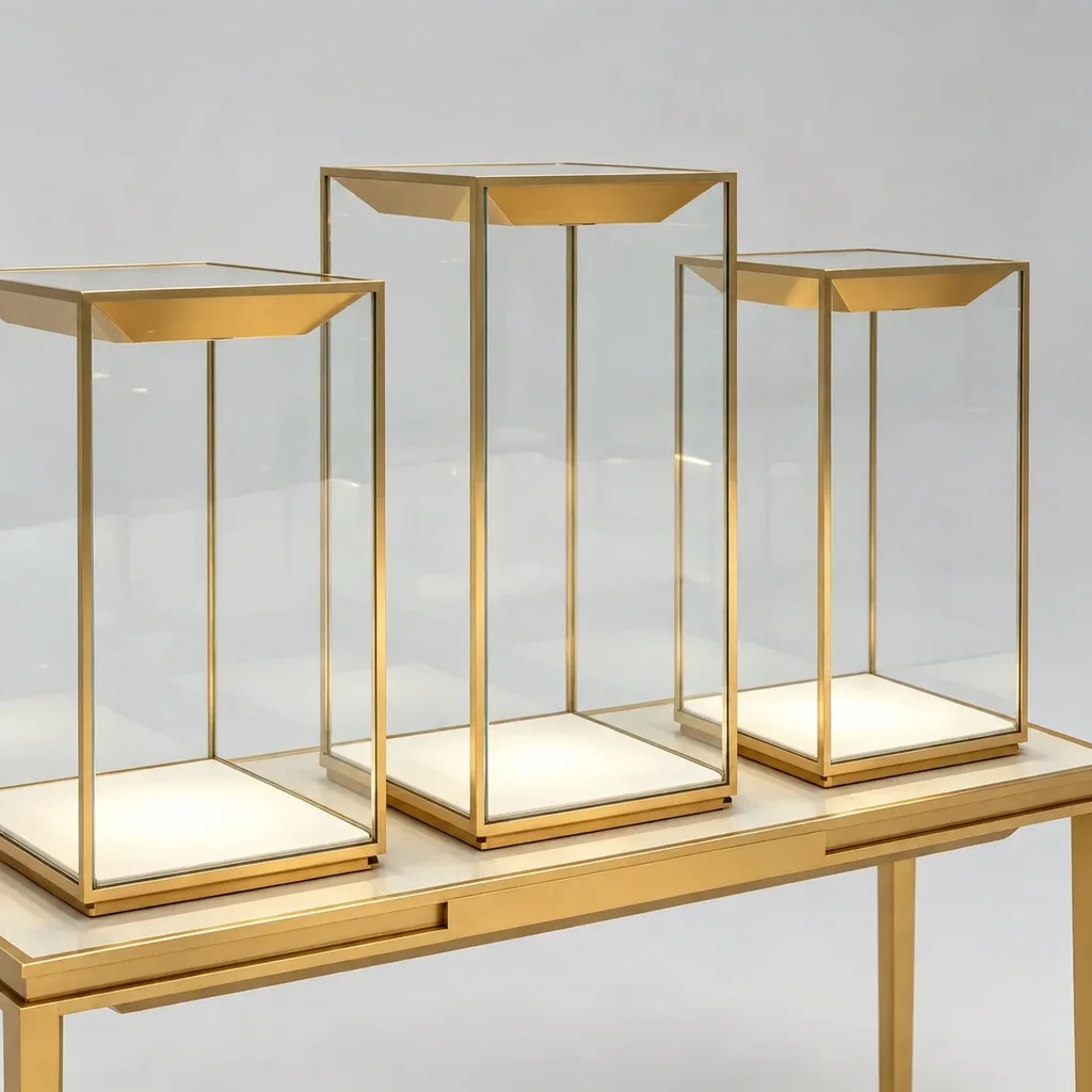 Close-up of graduated glass jewelry display cases with gold frames and light bases