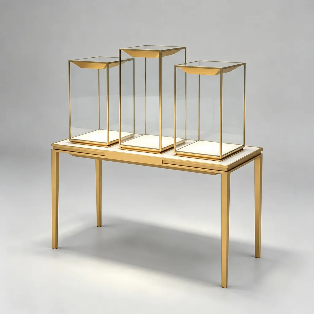 Empty gold-frame glass jewelry display towers on a slender console table