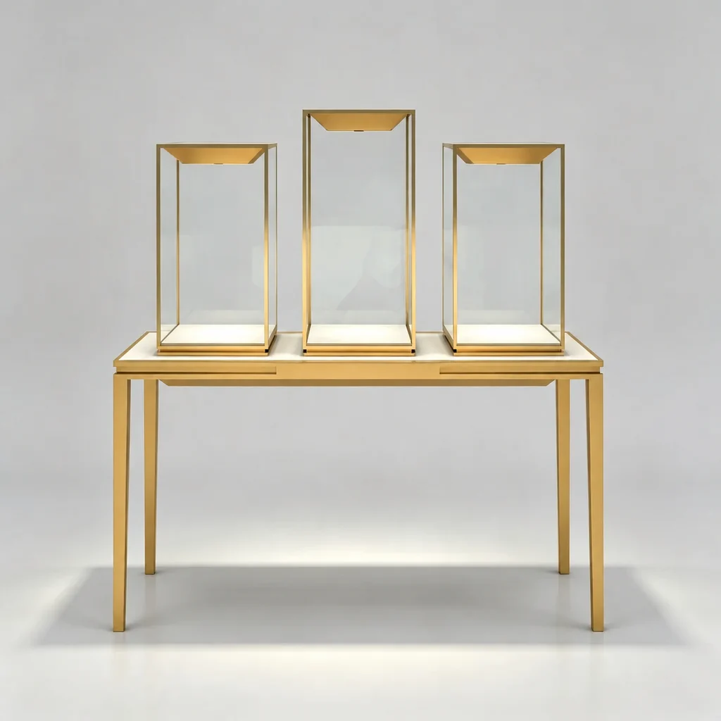 Front view of three graduated glass jewelry towers on a gold-tone display table